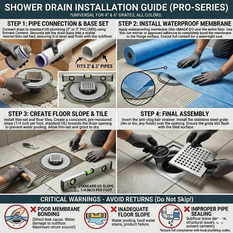 Square Shower Drain, 4-Inch Matte Black Kit with Bonding Flange, Removable Stainless Steel Grate & Hair Strainer, Fits 2" & 3" Pipes for Tiled Floors 4in-Black