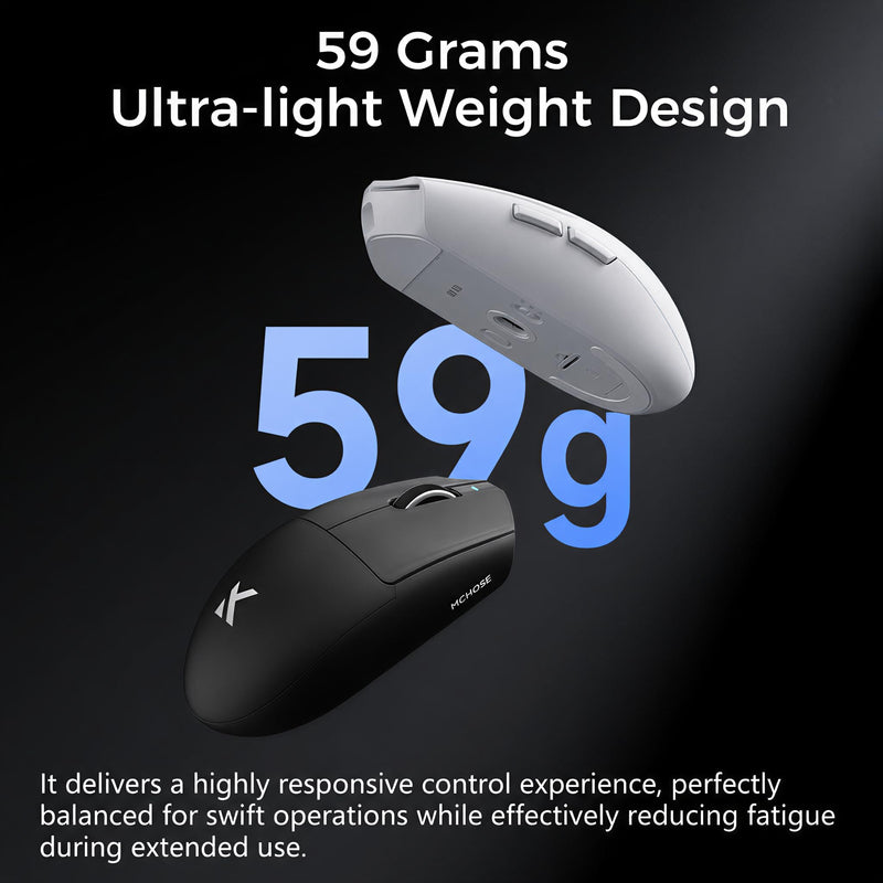 MCHOSE G3 V2 Pro Wireless Gaming Mouse, Symmetrical, PAW3395, 26K DPI, Tri-Mode Connection, Wireless/Wired 1K Polling, 59g Weight, 800mAh Battery - Black