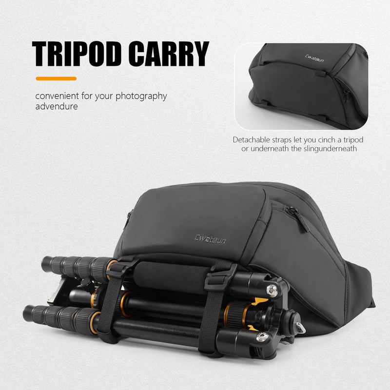 Cwatcun Large 3-in-1 Camera Waist Bag, Crossbody Fanny Pack for DSLR | 3-in-1: waist/crossbody/shoulder. Fits1 body+2lenses+tripod+flash. Waterproof, padded, detachable tripod strap. Black