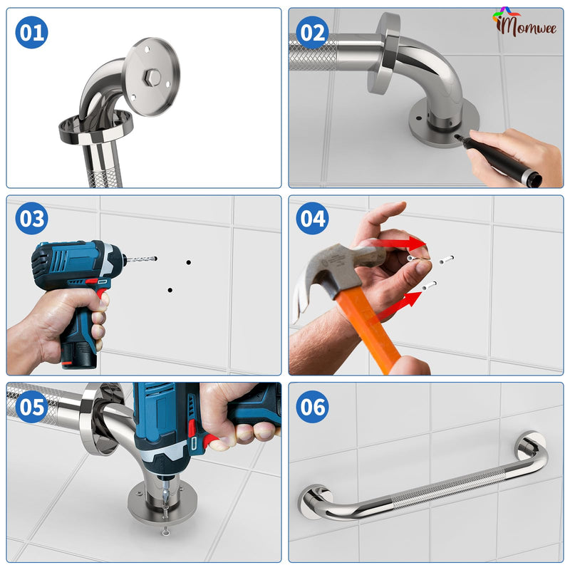 Anti-Slip Chrome Grab Bar 16 Inch, iMomwee 2 Pack Stainless Steel Bathroom Grab Bar w/Knurled Grip, Safety Shower Grab Bar for Wall, Toilet Balanced Support Bar Bathtub Assist Handle for Elderly 16 inch (Pack of 2) chrome with textured grip