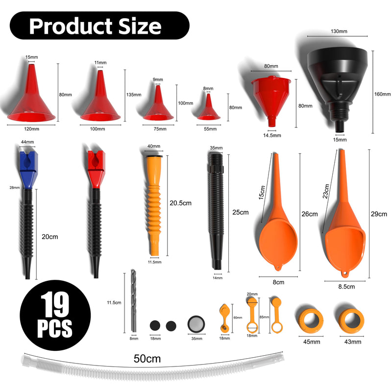 KJE 19 Pcs Automotive Funnel Set, Spout Replacements, Plastic Wide Mouth Transmission Funnels, Flexible Oil Funnel Kit for Automotive Use