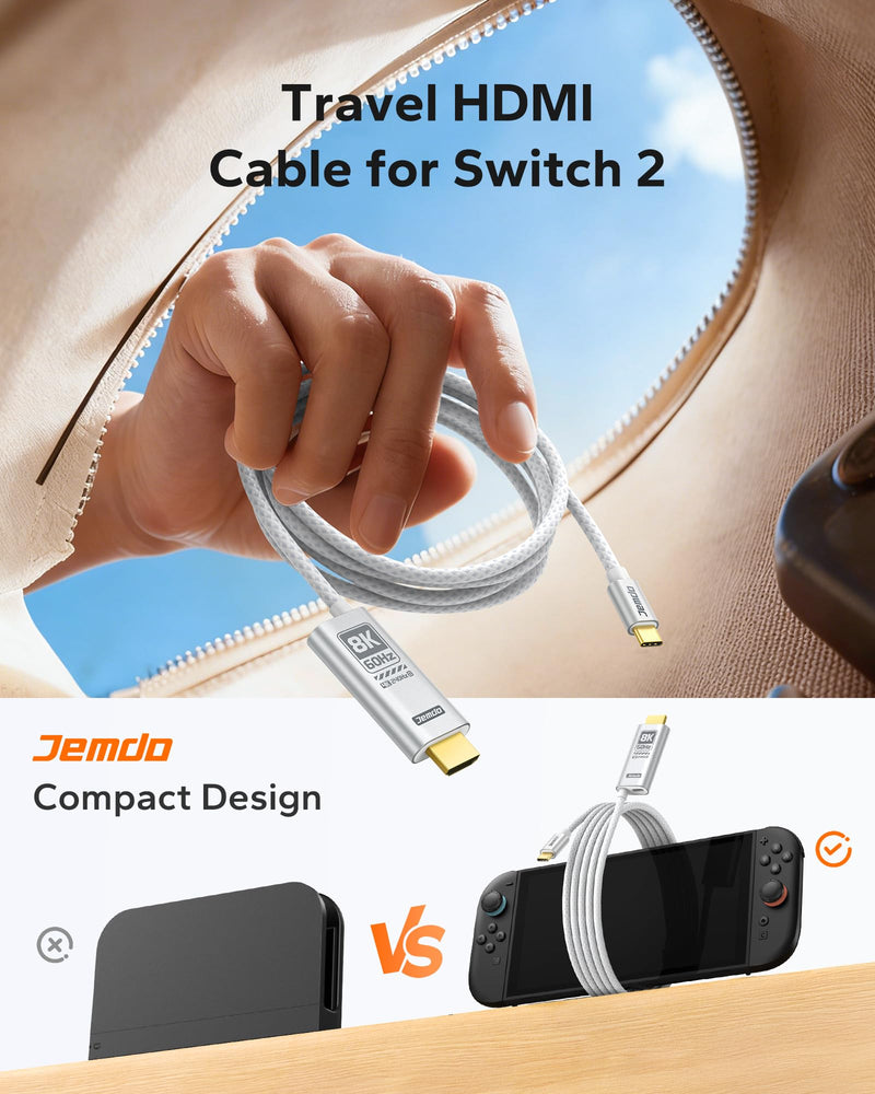 JEMDO Switch 2 (22.2.0+) Dock HDMI Cable 8K@60Hz HDR/ 4K@240Hz, 6.6ft USB-C to HDMI 2.1 48Gbps TV Dock, 100W PD Play While Charging, White Braided Portable Travel Adapter, Work with Switch 2/2017/OLED 8K60Hz WhiteBraid