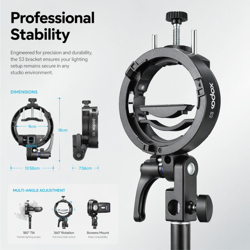 Godox S3 Speedlite Flash Bracket for Camera Flash, S-Type Bowens Mount Adapter with Umbrella Holder, Quick Setup Bracket for Softbox, Beauty Dish and Studio Lighting Godox Flash S3