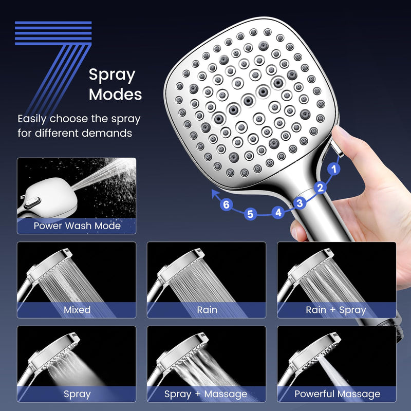 Filtered Shower Head with Handheld, High Pressure 7 Spray Showerhead with Filters, Detachable Shower Heads, Water Softener Filters for Hard Water - Remove Chlorine Chrome