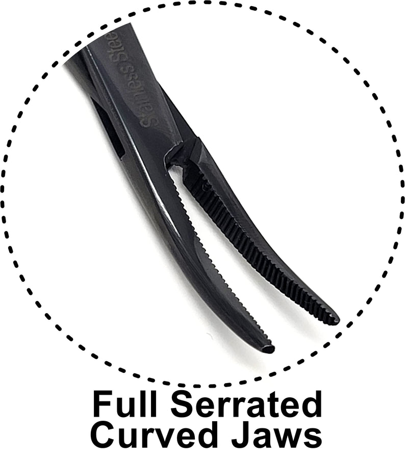 Hemostat Locking Forceps 5" Curved with Full Serrated Jaws Ideal for Clamping, Fishing, Firefighters Nurses Doctors + More (Tactical Black) Tactical Black