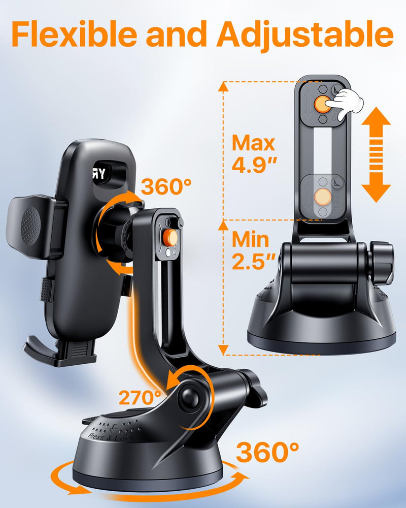 YRU 2026【100+LBS Suction & Flexible Low-Profile Arm】 Car Phone Holder Mount | 【Newest Upgrade Military-Grade & Safety Cert】360°Rotate Dash Windshield Vent Truck Cradle for iPhone17 16 Pro Max, Dark Black