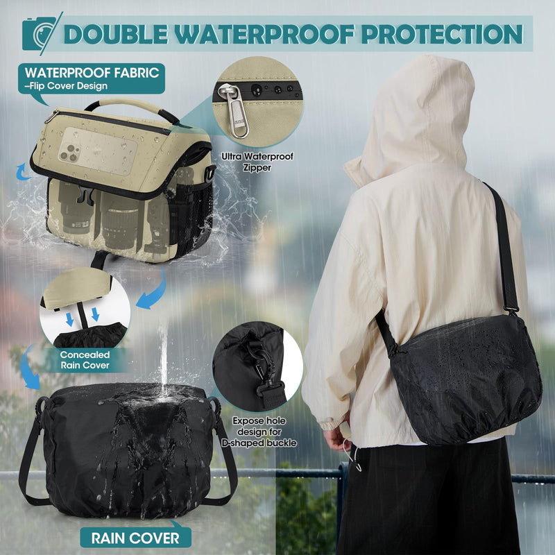 RAINSMORE Camera Bag, DSLR SLR Mirrorless Camera Case for Photographer | Waterproof Camera Sling Bag with Rain Cover & Tripod Holder Soft Padded Crossbody Camera Bag for Sony Canon Nikon Fujifilm Khaki M