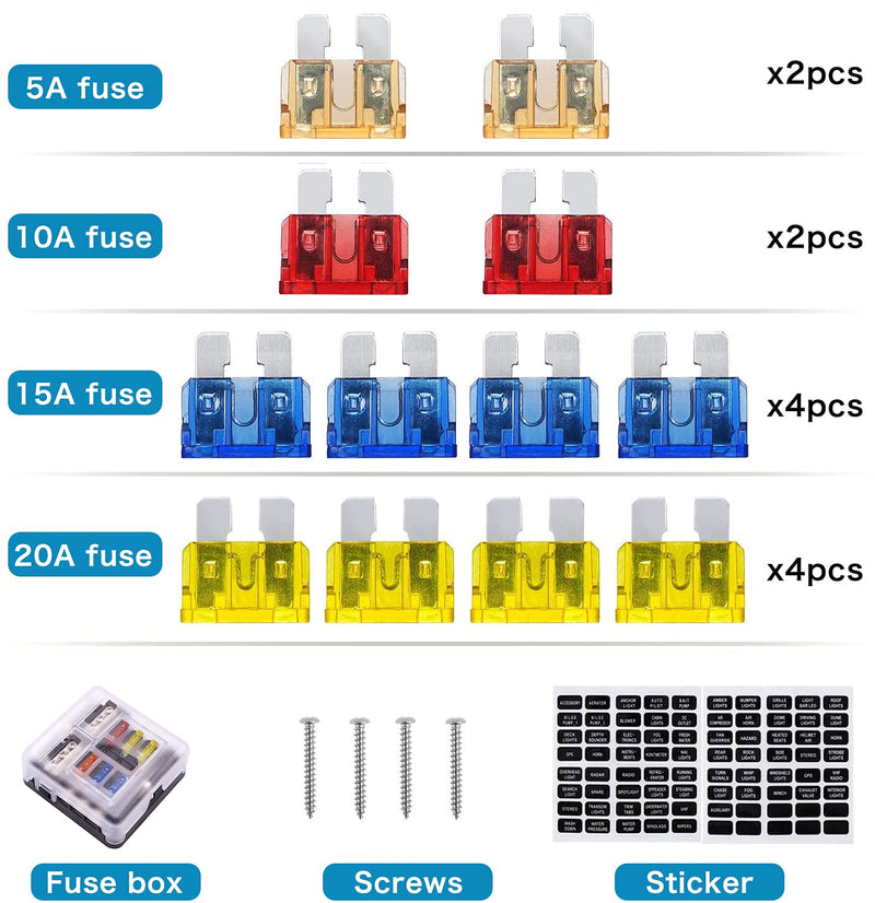 6 Way Fuse Block,12V Blade Fuse 6 Circuit ATC/ATO Waterproof Fuse Box Holder with LED Indicator Waterpoof Cover for 12V/24V Automotive Truck Boat Marine RV Van Vehicle 6 Way