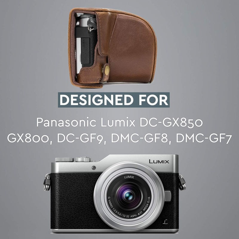 MegaGear Ever Ready Leather Camera Case compatible with Panasonic Lumix GX800, GX800 12-32mm Lens, DMC-GF8, DMC-GF7 Dark Brown