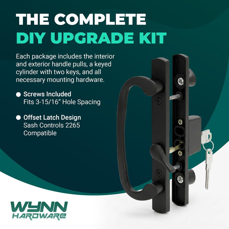 8.5" Legacy Sliding Patio Glass Door Offset Latch Black Handle Set with Keys - Sash Controls 2265 Keyed Lock - Fits 3-15/16" Screw Hole Spacing and 1-1/4" to 2-1/4" Door Thickness
