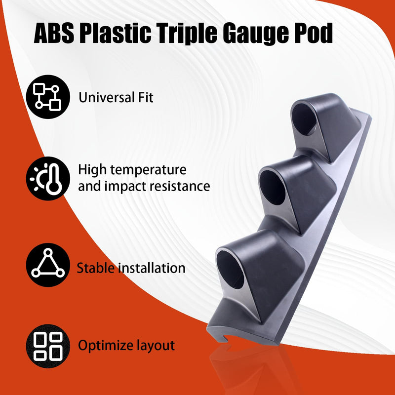 Universal Black ABS Plastic Triple Gauge Pod – Fits Most Car or Truck – Securely Mounts Three 2-1/16" (52mm) Digital Gauge Cluster on The A-Pillar