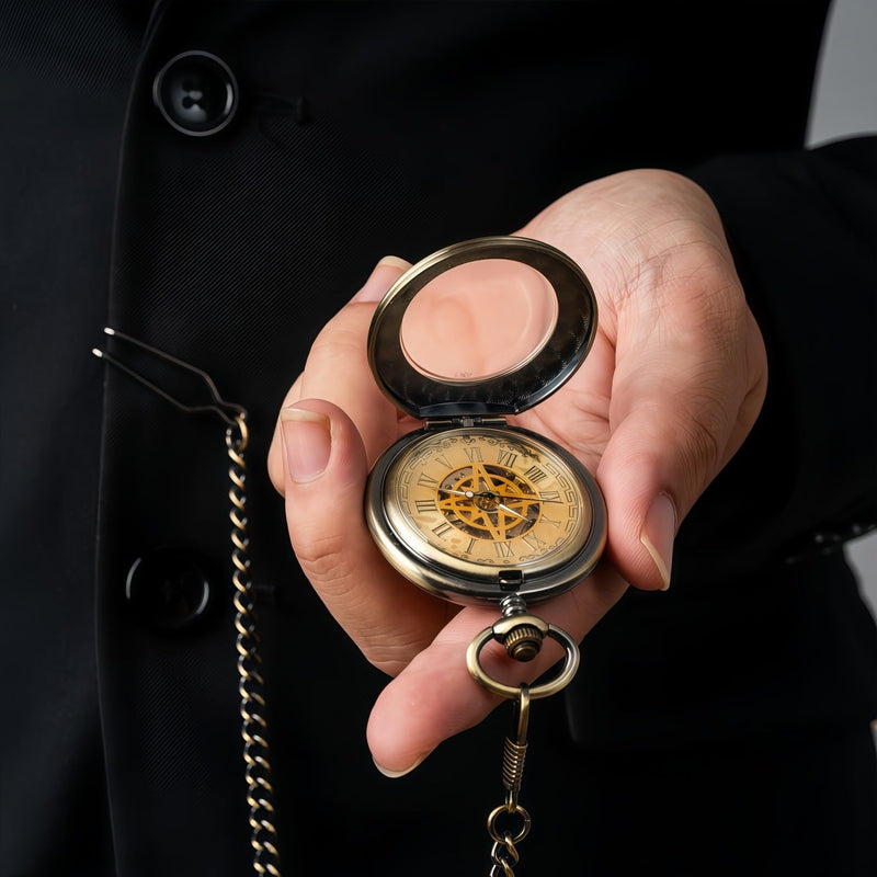 Mechanical Pocket Watch, for Men Women Special Magnifier Half Hunter Engraved Case Roman Numerals with Chain B-a. Compass, Bronze, Gold