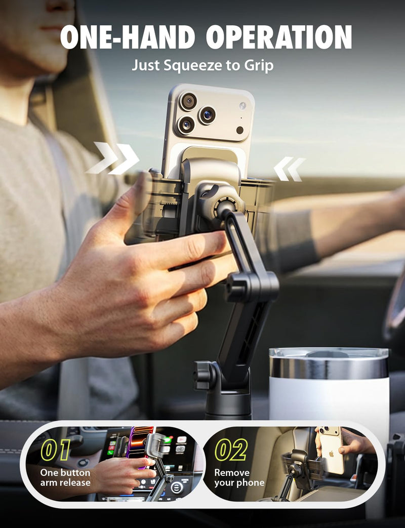 Bracketron Cup Holder Phone Mount for Car, TripGrip Truck Phone Holder | 2-in-1 cup holder phone holder, expandable base, one-click release, 360° rotation, folding support legs for up to 3.5" device