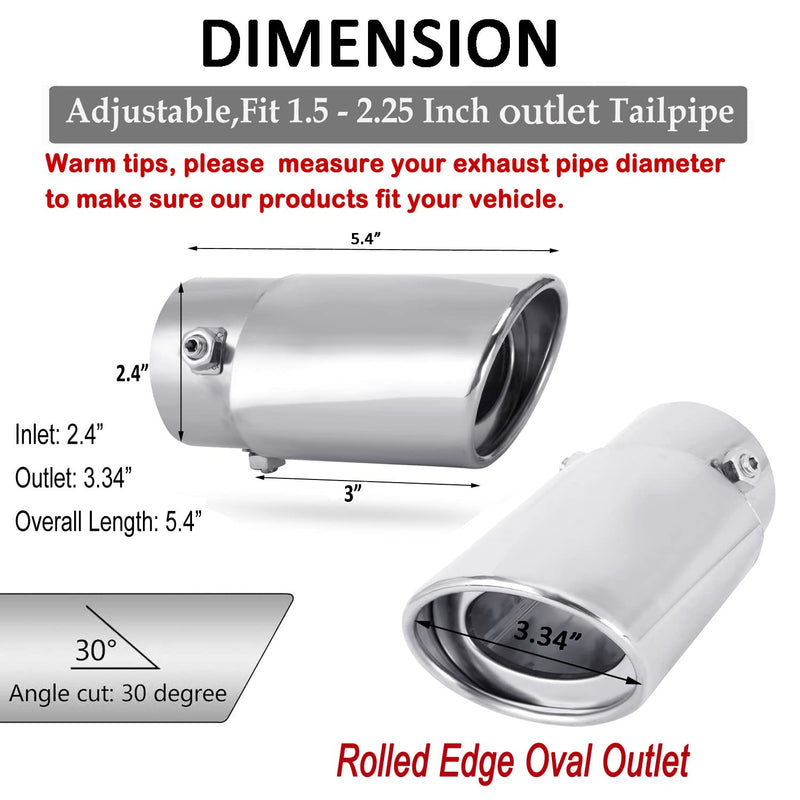 Dsycar Universal Stainless Steel 1.5" - 2.25" Inlet Exhaust Tips, Fit Pipes Diameter 1.5-2.25 inch, Adjustable Car Decoration Chrome-Plated Finish Exhaust Tailpipe Tip, 3.3" Outlet, 5.4" Long Straight