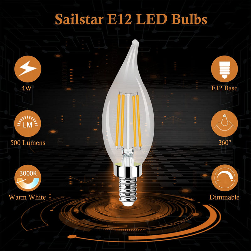 E12 Candelabra LED Bulb 60W Equivalent, Dimmable 3000K Warm White, Flame Tip, 4W, 500LM, 120V, CRI 85, for Chandelier, 10 Pack 10 Count (Pack of 1)