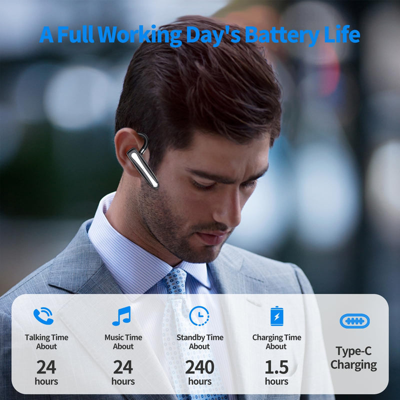 Bluetooth Earpiece V6.1, Wireless Handsfree Headset with Mic, CVC8.0 Noise Canceling for Calls Business Single-Ear Earphone, 24 Hrs Driving Headset for Android, iOS, Laptop, Office, Truck Driver Obsidian Black