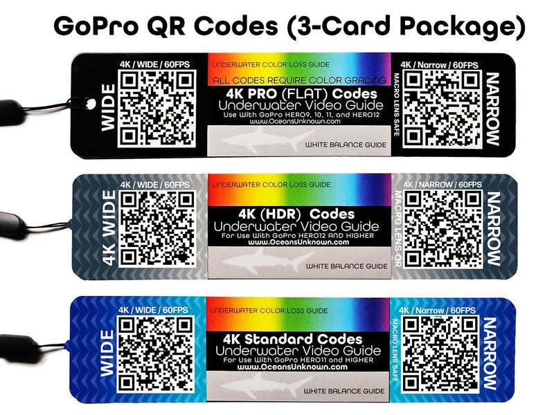 Underwater Video Guide (3-Card Package) with QR Code Camera Settings for use with GoPro HERO9, HERO10, HERO11, HERO12, HERO13, and Mission Cameras.