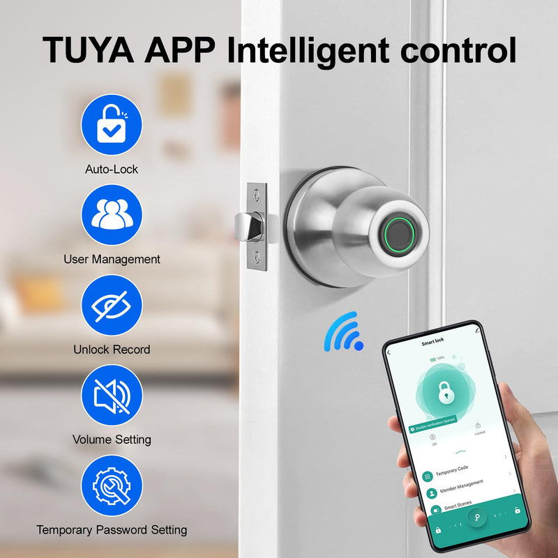 Smart Fingerprint Door Knob, 3-in-1 Keyless Entry with Auto Lock & App, Biometric Digital Lock for Front Door, Home, Office, Bedroom