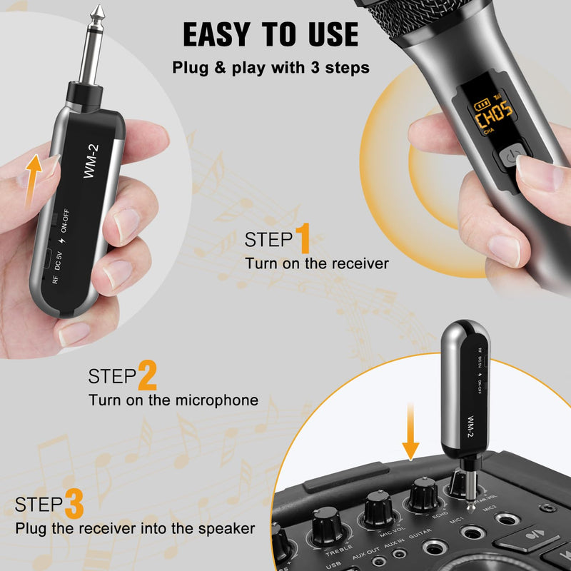 VeGue Wireless Microphone, UHF Cordless Dual Handheld Dynamic Mic Set with Rechargeable Receiver, for Karaoke Party, Voice Amplifier, PA System, Singing Machine, Church, Wedding, Meeting, 200ft (WM-2) Black