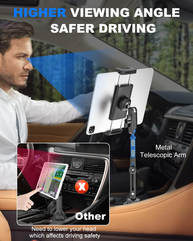 iPad Cup Holder Car Mount Heavy Duty [Height Adjust] Metal Long Arm Cup Holder Tablet Mount for Car, Truck, Compatible with 4.7-13" iPad Pro Air Mini, Galaxy Tab, iPhone, Cell Phone