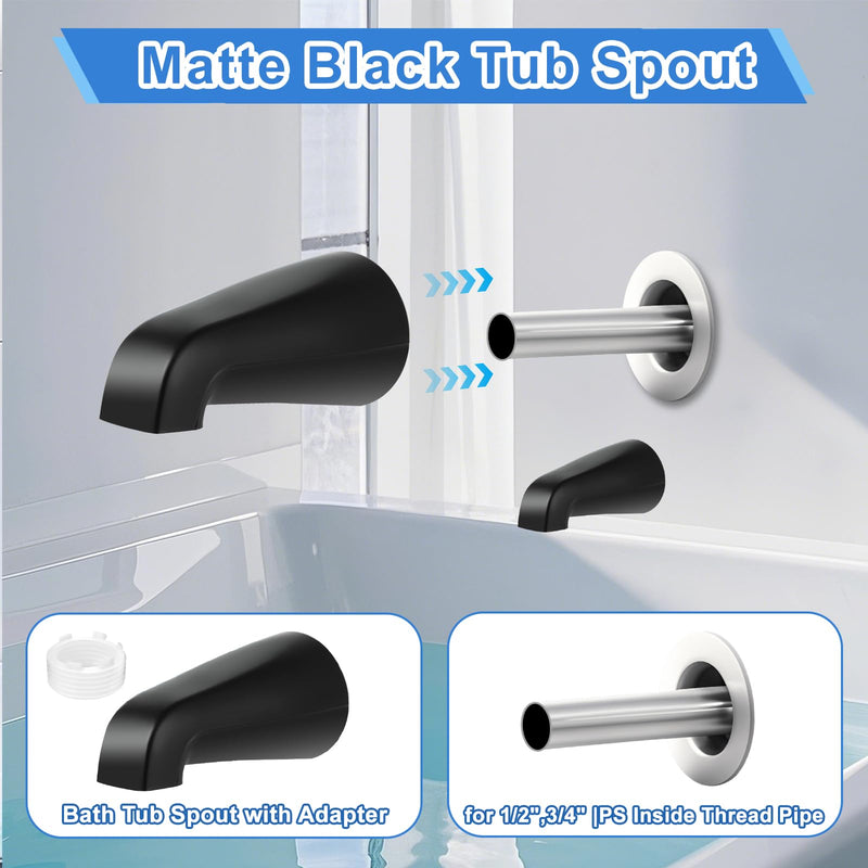 Matte Black Bath Tub Spout Shower Trim Kit, with 3 Shower Knob, Compatible with Price/Pfister Verve Tub/Shower Faucet Handle Set, for 1/2'' Pipe MALE Thread Connection, 3/4'' IPS Pipe Inside Thread
