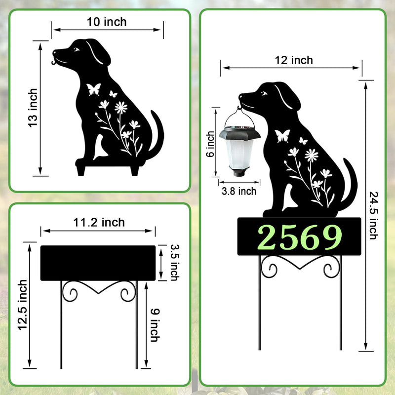 Solar House Numbers for Outside,YY Gardenia Metal Dog Address Signs for Houses with Glow in the Dark,Outdoor Decorative for Garden,Lawn,Patio,Pathway Black