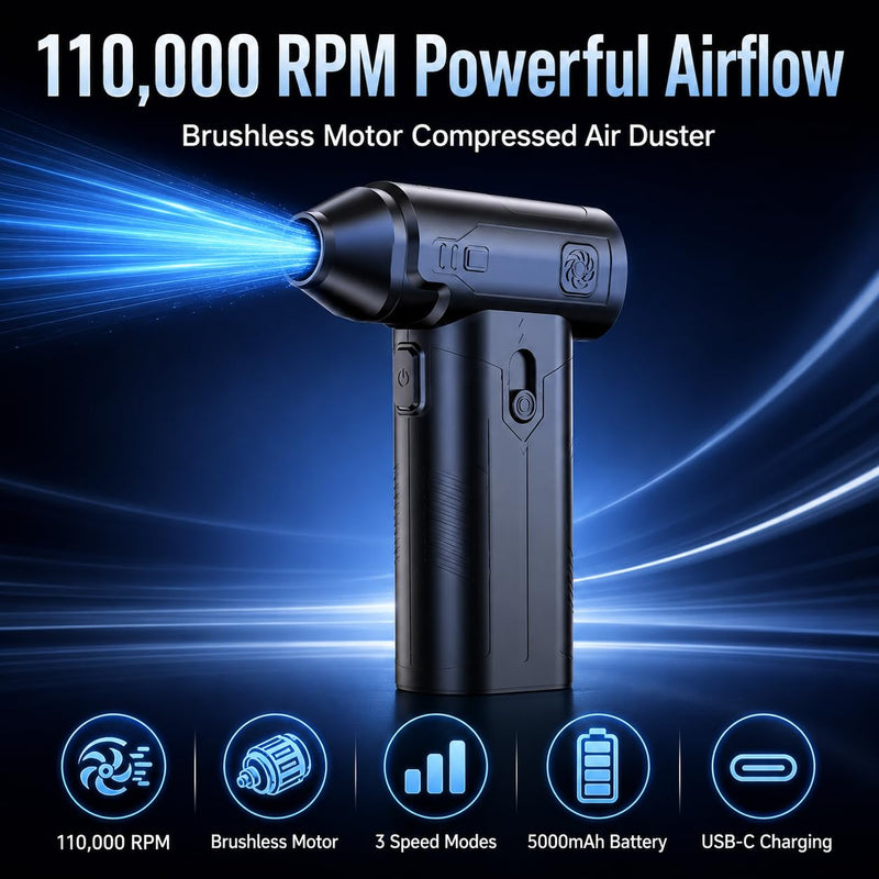 Compressed Air Duster, Powerful Cordless Electric Air Blowe | Electric Air Duster for Computer, Camera, Car Detailing – 3-Speed Adjustable, USB-C Fast Charging
