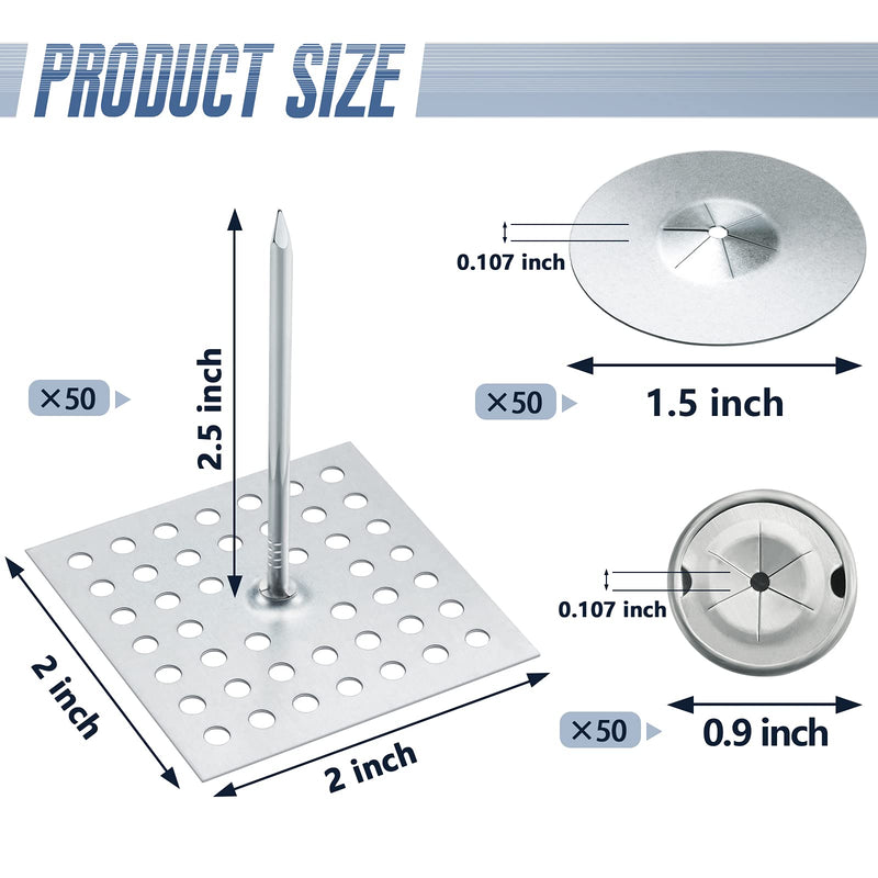 Hotop 50 Sets Perforated Insulation Pins 2-1/2 Inch, 1.5 Inch Self Locking Washers Round, 7/8" Aluminum Insulation Dome Cap Washers for Wall and Ceiling