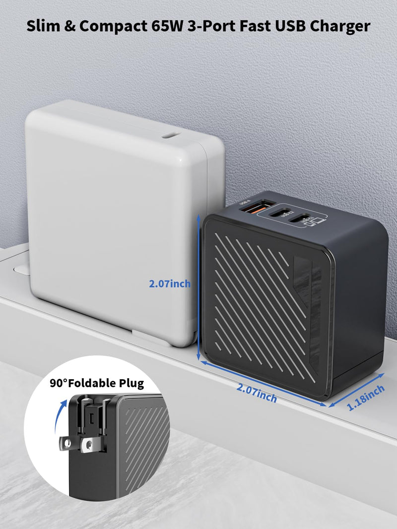 65W USB C Charger Block,3Port Fast MacBook Charger USB C with UK/EU/AU Plug | 2Pack 6.6FT USB C Cable with EU/UK/AU Travel Plug 65W Type C Charger Fast Charging for MacBook Pro/Air, iPhone 17/16/15, iPad