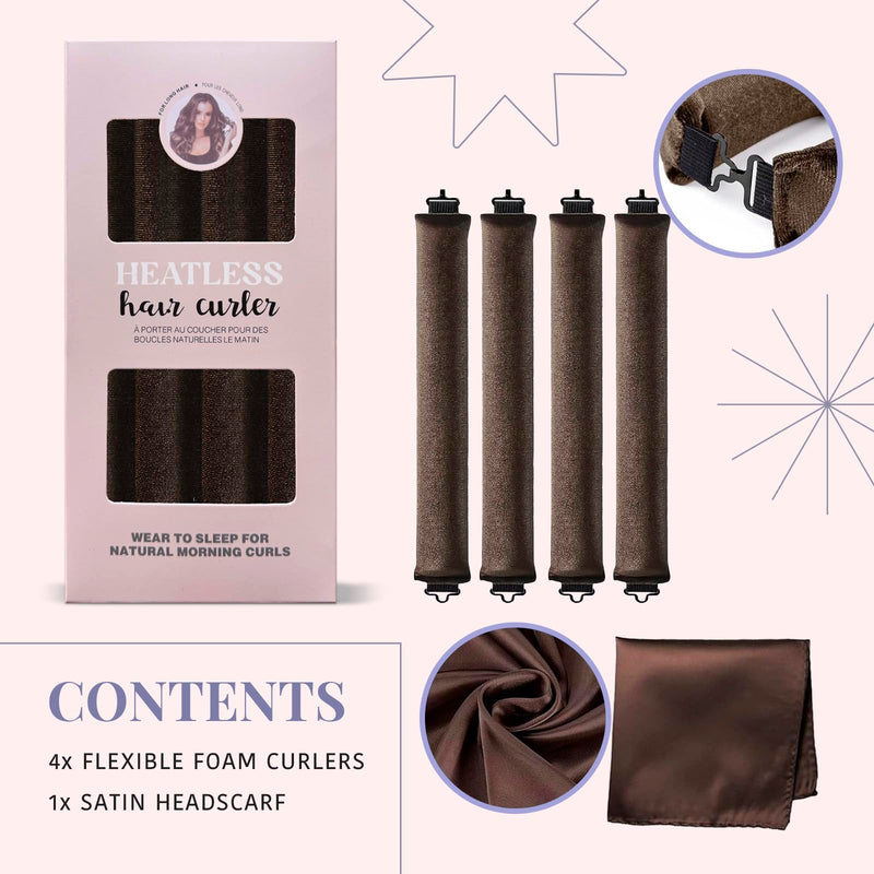 Heatless Hair Curlers Set with Satin Scarf & Clips - Chocolate Brown Flexible Foam Rollers for Overnight Wavy Styles, DIY Easy Styling Tool, Reusable, Frizz Control