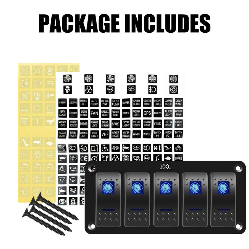 FXC Pre-Wired 5 Gang Rocker Switch Aluminum Panel with 40A Inline Fuse, Waterproof 6-Pin On-Off Car Boat Switch, Blue LED Switch Panel for Marine Boat Automotive RV Truck ATV Vehicles 12V/24V