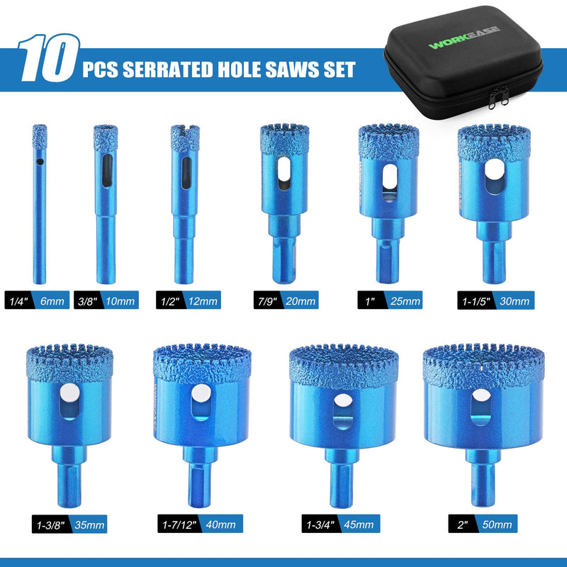Diamond Hole Saw Kit, 10 PCS Brazed Diamond Tile Drill Bits Set with EVA Guide Jig for Ceramic Tile, Glass, Granite, Marble, Dry & Wet Cutting, 6-50mm, Includes Storage Bag