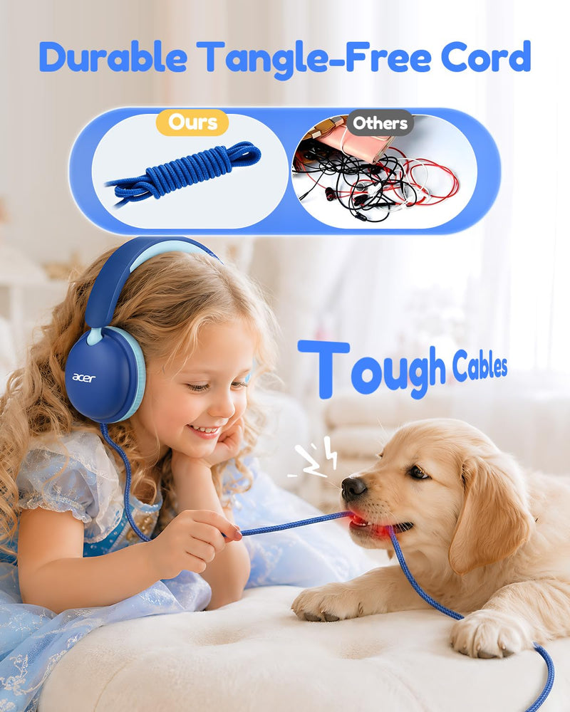 Acer OHW355 Kids Headphones with Cord for School,Over Ear Wired Headphones | 74/85dB Volume Limit, Foldable 3.5mm Jack, Stereo Sound, for Tablet/Computer/Travel/Chromebook-Blue Cyan Blue Cyan