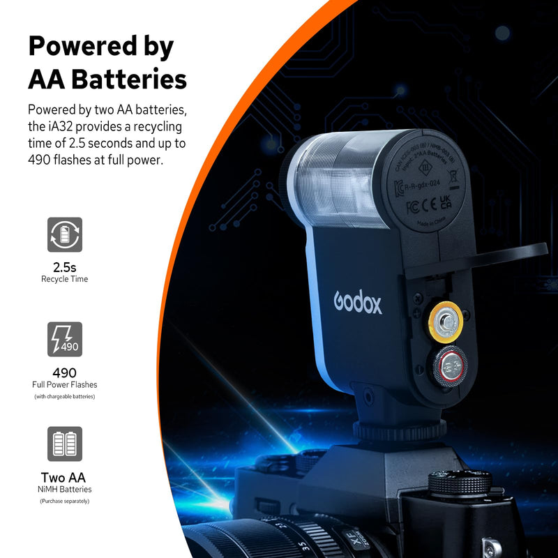 Godox iA32 Mini Camera Flash | Automatic Flash GN 15, 8 Power Levels/2.5sRecycle/490 Flash Times/Auto/Manual Modes, for Sony Canon Nikon Fuji Olympus Camera