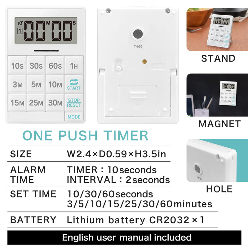 dretec One-Push Timer, Just Press, Easy, Time Saving, Interval, Silent, Kitchen Timer, Digital, Magnet, Stand, Light, Study, Muscle Training, Sports, White One push