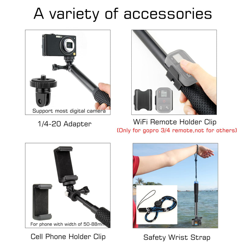 11''-45''Alumium Handheld Waterproof Selfie Stick Underwater Pole Handle Grip Monopod for Gopro Hero Session Max Insta360 AKASO DJI OSMO Digital Action Cameras 11''-45'' Stick