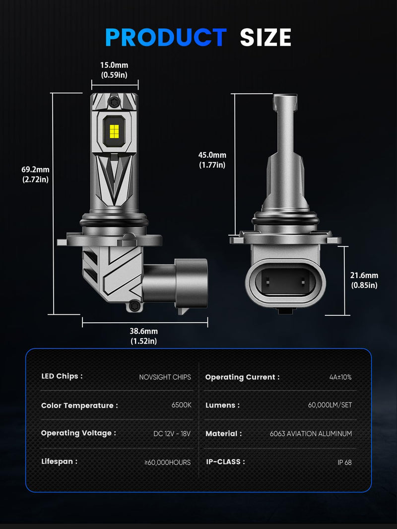  [AUSTRALIA] - NOVSIGHT 90𝟎𝟓 90𝟎𝟔 Fog Light Bulbs - 1:1 Mini Size 90𝟎𝟓/𝐇𝐁3 90𝟎𝟔/𝐇𝐁4 Fog Bulbs Combo, 600% Bright 6500K White Fanless LED Light Bulbs, Easy Install, Plug and Play, Pack of 4 9005&9006