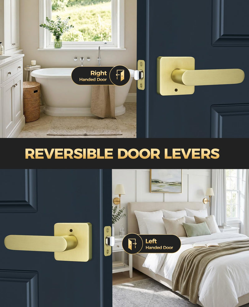 Brushed Gold Door Handles Interior for Bedroom & Bathroom, 1 Pack | Heavy Duty Zinc Alloy, Modern Thick Door Lever with Lock, Keyless Privacy, Reversible Left or Right Handed, Adjustable Latch Brushed Gold
