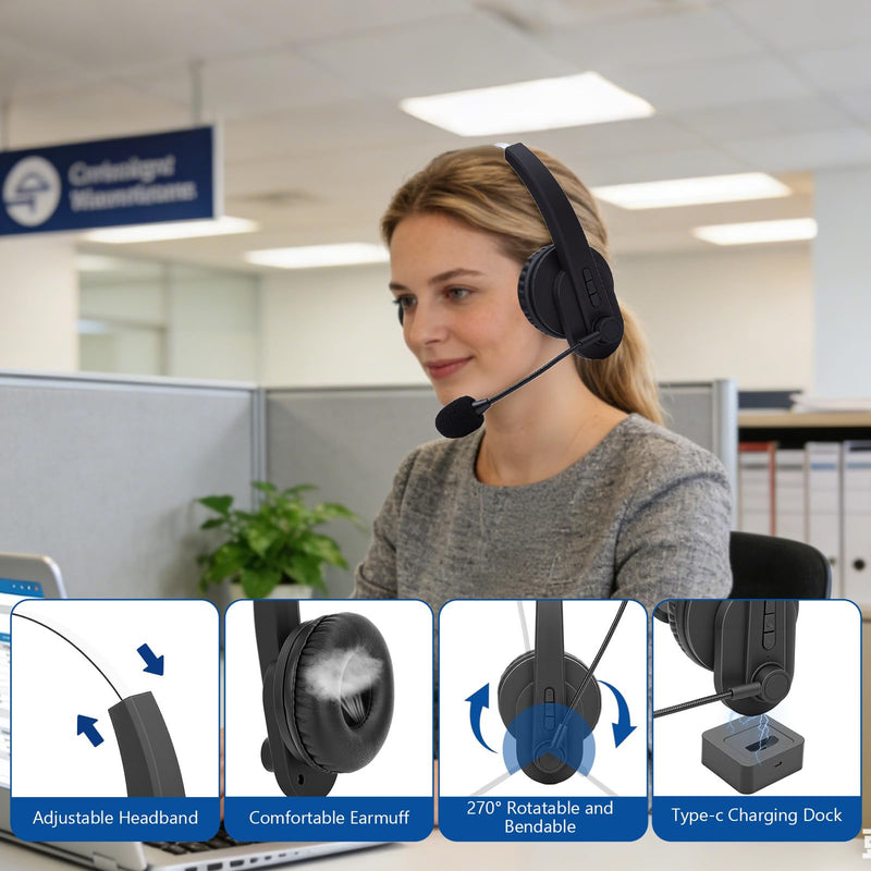 2.4G Trucker Bluetooth Headset with Microphone and Charging Base | V6.0 Wireless Headset for Work, Noise Cancelling Microphone with Charging Base for Work from Home/PC/Computer