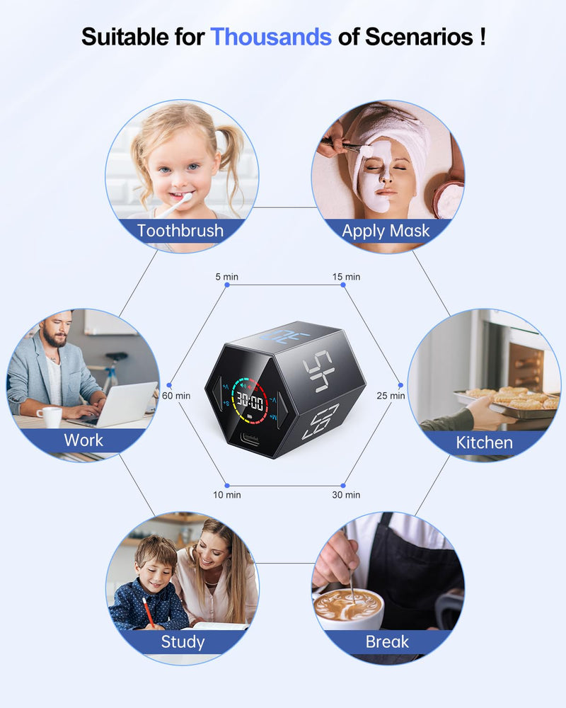 Pomodoro Timer Cube, Hexagon Productivity Timer, Pause & Resume, Silent, Vibrate & Adjustable Sound Alert, for ADHD, Task, Work, Study, 5/15/25/30/45/60min & Custom Countdown,Gray Gray