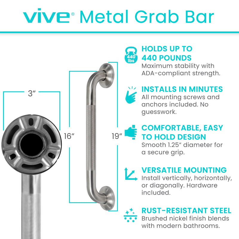Vive Grab Bar for Bathtubs and Showers (Textured) - Handicap Bathroom Safety Rail for Elderly - Wall Handle for Tub, Toilet, & Bath - Disability Assist Device Accessory Handrail 16" (Inches)
