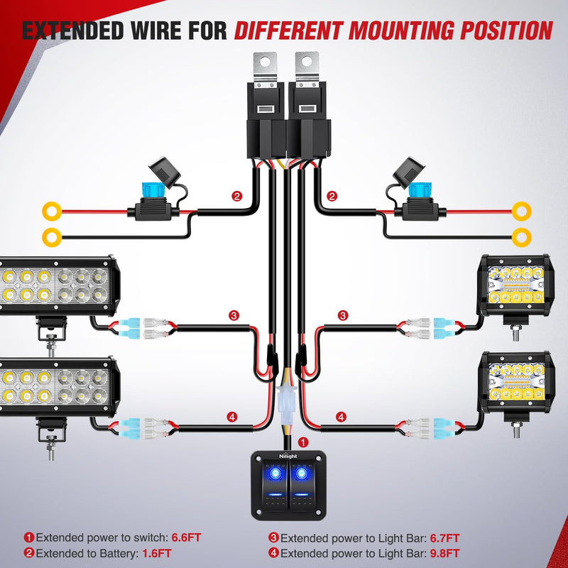 Nilight 16AWG LED Light Bar Wiring Harness Kit 12V On/Off 2 Gang Rocker Switch Panel Power Relay Blade Fuse 5Pin Toggle Switches for Cars Boat ATV Trucks-4 Leads 2Gang Rocker Switch 16AWG Wiring Harness