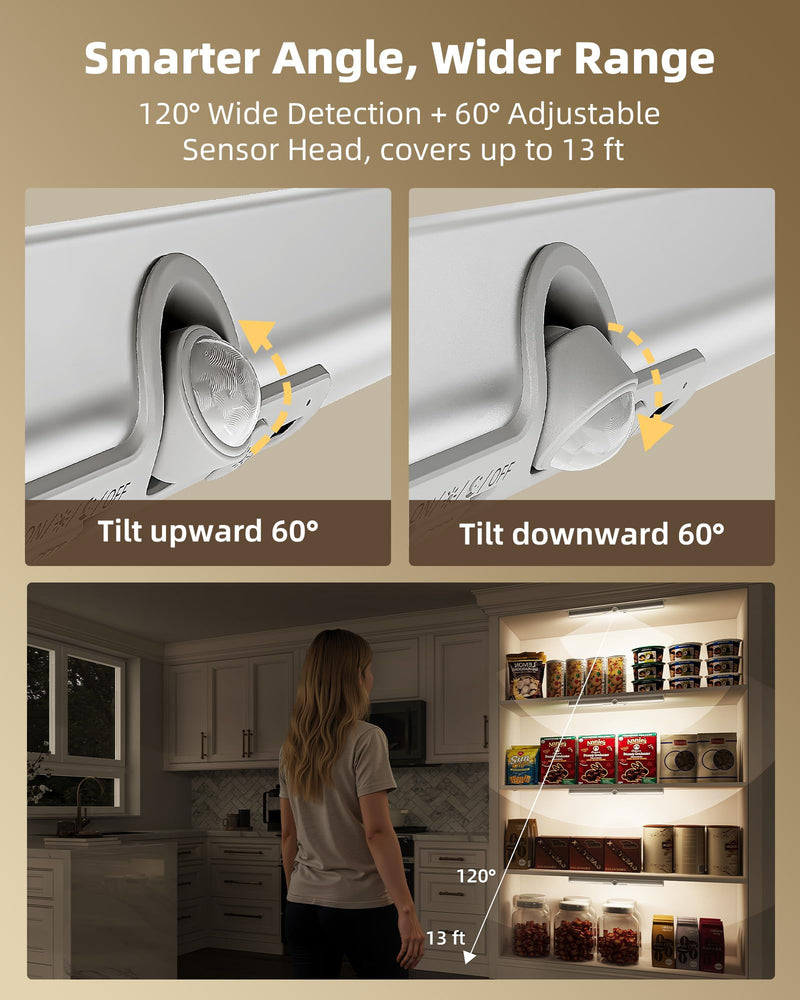 EZVALO 15in Closet Lights with Rotatable Motion Sensor, Rechargeable Under Cabinet Lighting, No-Glare Curved Design, 3 Color Temps & Dimmable LED Lights for Pantry, Wardrobe, Shelf 2Pack 15inch