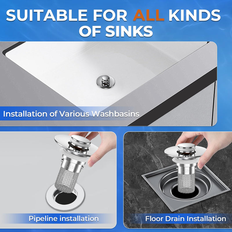 Bathroom Sink Drain Strainer, Pop-up Sink Drain Strainer with Removable Stainless Steel Strainer Basket Hair Catcher, Bathroom Sink Strainer for Bathroom Sink Stopper Replacement (3PCS) Sliver-3
