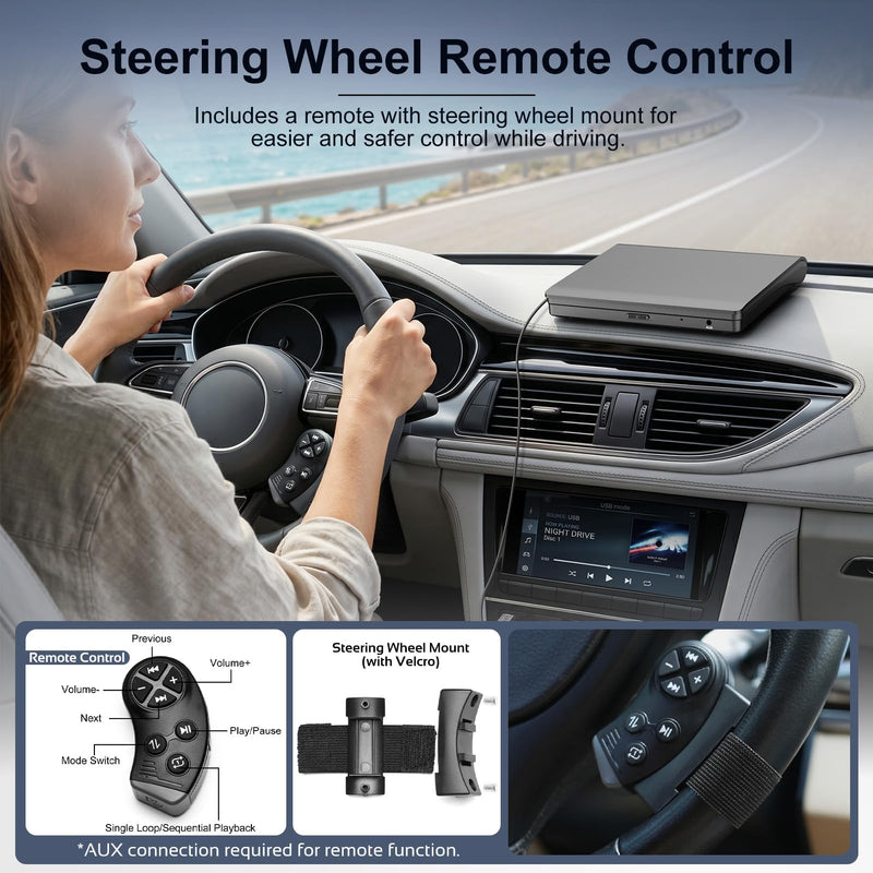 External CD Player for Car, USB/AUX Connection, Universal Compatibility | Portable, Anti-Skip, Shockproof, Vehicles, Resume, Steering-Wheel Remote, Compact Design, Hidden Cable, Plug & Play