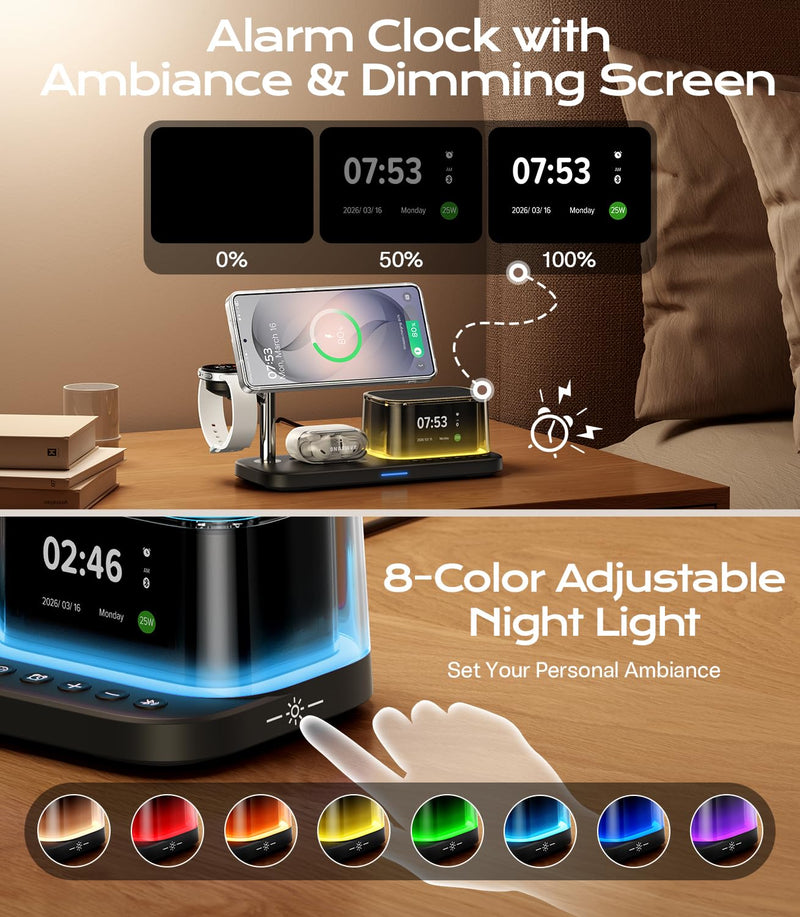 Meifigno 25W 5 in 1 Charging Station for Galaxy S26 Ultra with Bluetooth Speaker/Alarm Clock/Night Light, Qi2.2 Fast Magnetic Wireless Charger with 45W Adapter for S26/Z Fold7, for Galaxy Watch 8/Buds 25W for Samsung