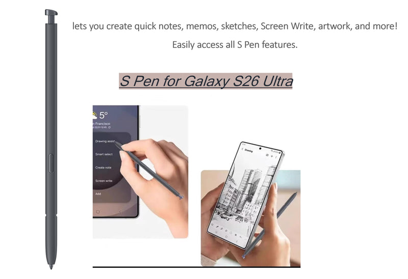 S Pen S26 Ultra Replacement for Samsung Galaxy S26 Ultra,Black | EMR passive no battery, 4096-level pressure, 0.7mm nib, 5 spare tips, seats in phone pen slot Black