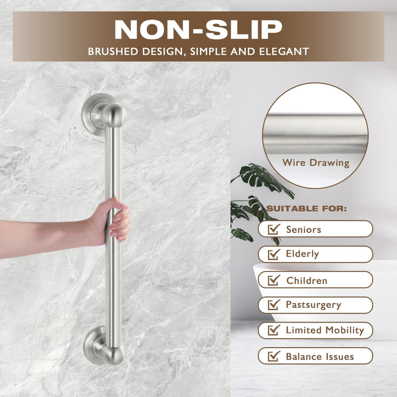 Anti Slip Shower Grab Bar, Safety Bathroom Assist Handle, ADA Compliant Handrail, Heavy Duty Handicap Grab Bars for Elderly, Injured, Senior, Children (Brushed Nickel, 18 Inches) 18 Inch