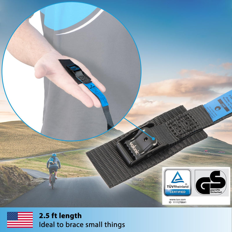 valonic ANT - Short Lashing Strap, Padded, 4 Pieces, 2.5 ft, 350lbs Breaking Strength, cam Buckle, Black - tie Down Straps for Bike Rack