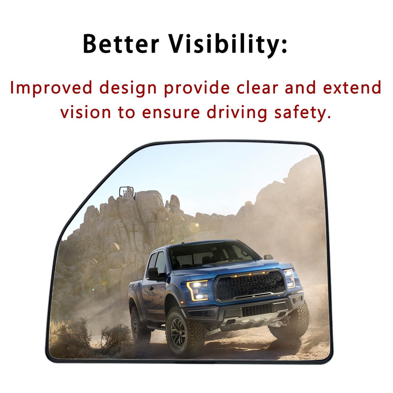 Left Driver Side Heated Upper Mirror Glass Replacement For 2015-2020 Ford F150 2017-2020 Ford F250 F350 - Towing Mirror Convex Side Mirror Glass With Rear Holder Left (Driver Side)
